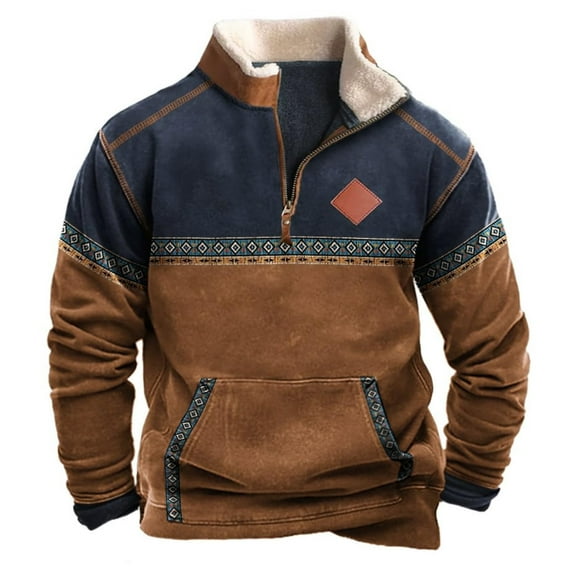 Men's Western Bull Head Print Pullover - 1/4 Zip Stand Collar Long Sleeve Vintage Style,XL,brown