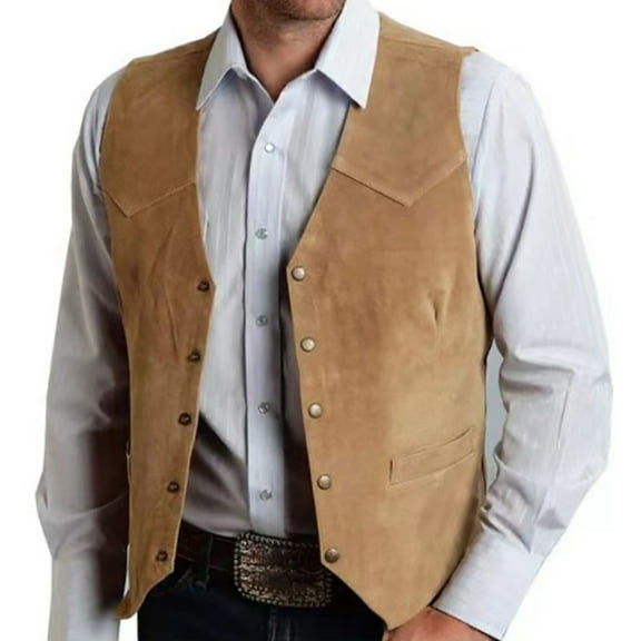Men's Western Cow boy Suit Vest Waistcoat V Neck Sleeveless Vest Jackets 5 Button Fitted Suedes Dress Vests with Pockets