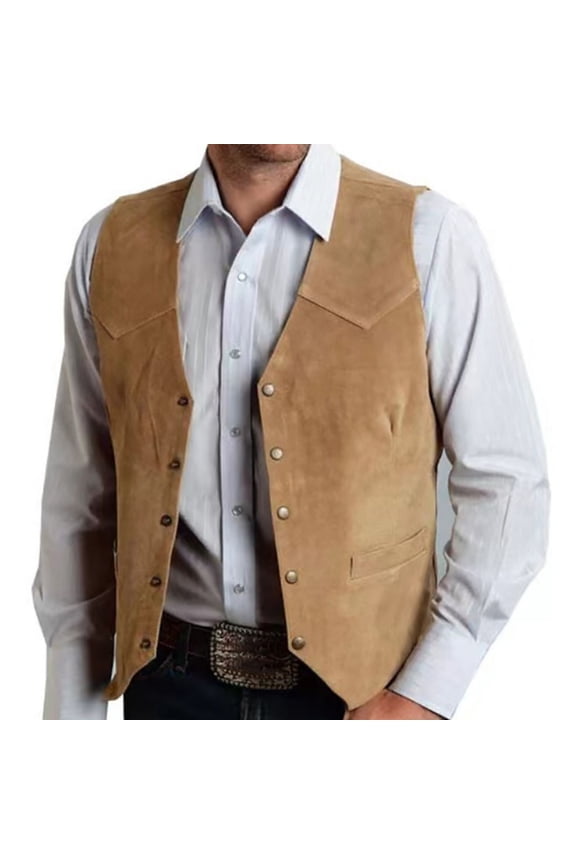 Men's Western Cow boy Suit Vest Waistcoat V Neck Sleeveless Vest Jackets 5 Button Fitted Suedes Dress Vests with Pockets
