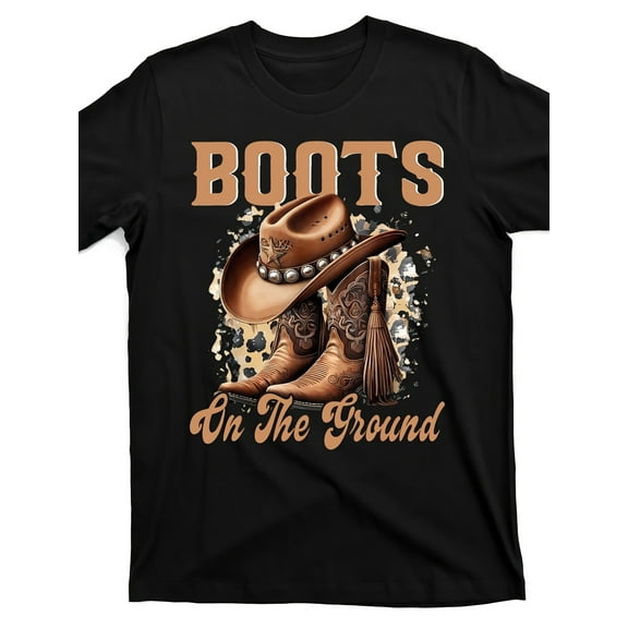 Men's Western Cowboy Boots Graphic T-Shirt - "Boots On The Ground" Vintage Tee with Cowboy Hat Design - Black Cotton Shirt for Country Music Festivals, Ranch Parties & Casual Streetwear - Breathable