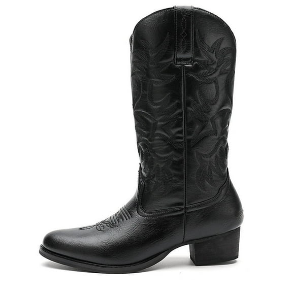Men's Western Cowboy Boots-Mid-Cylinder Embroidered Pointed Square Toe Chunky Block Heel Retro Wide Calf Boots-Traditional Country Boot