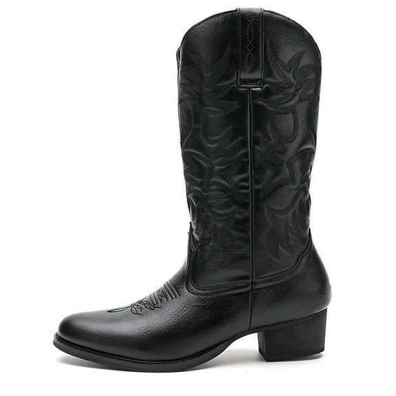 Men's Western Cowboy Boots-Mid-Cylinder Embroidered Pointed Square Toe Chunky Block Heel Retro Wide Calf Boots-Traditional Country Boot