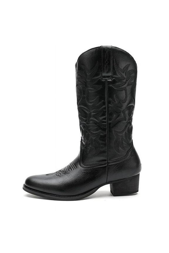 Men's Western Cowboy Boots-Mid-Cylinder Embroidered Pointed Square Toe Chunky Block Heel Retro Wide Calf Boots-Traditional Country Boot