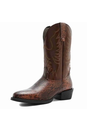 Men's Western Cowboy Boots - Retro Embroidery Mid Calf Pull-On Boots with Snakeskin Pattern, Round Toe, Chunky Heel, Slip Resistant, (Brown & Black Options)