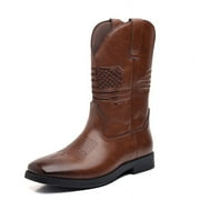 Mens Western Cowboy Boots Winter Boots Classic Embroidered, Slip on Square Toe Boots Country Boots Mid-Calf Cowboy Work Boot