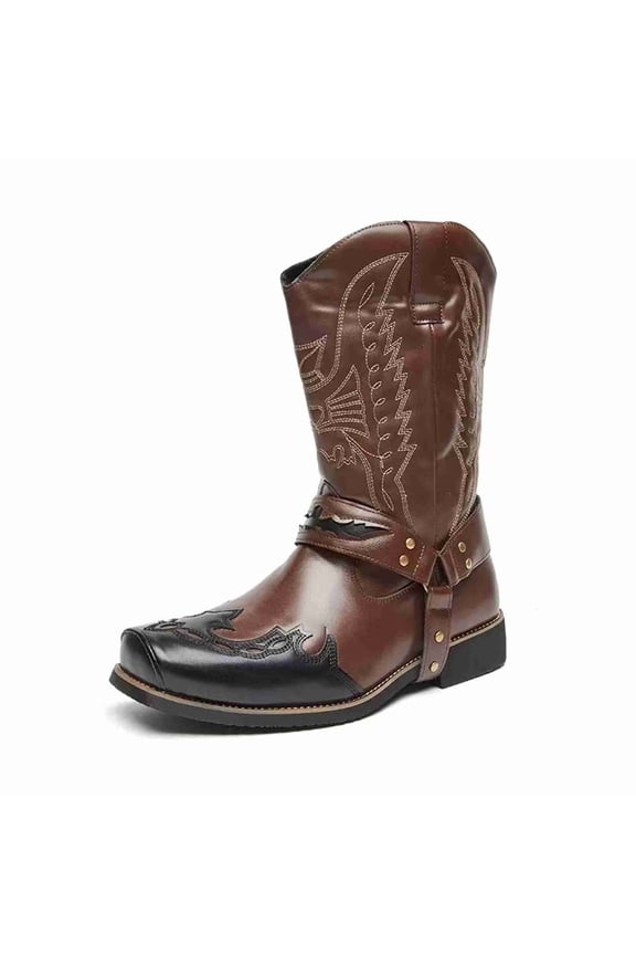 Men's Western Cowboy Boots, with Embroidery & Harness Strap, Non-Slip Durable Outsole, Casual Fashion Riding Boots for Men