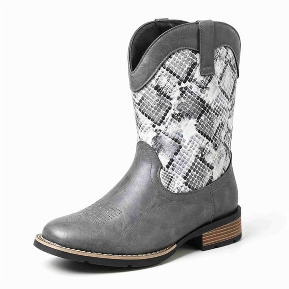 Men's Western Cowboy Boots with Snake Print - Mid-Calf Rodeo Boots with Square Toe Low Heel Boots Non-Slip Casual