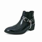 Mens Western Cowboy Chelsea Boots with Belt & Chain - Pointed Toe Ankle Boots, Vintage Leather-Look Riding Boots for Men, Brown & Black