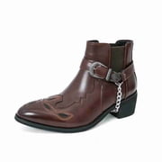 Mens Western Cowboy Chelsea Boots with Belt & Chain - Pointed Toe Ankle Boots, Vintage Leather-Look Riding Boots for Men, Brown & Black