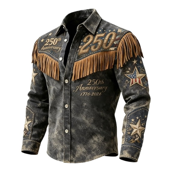 Men's Western Cowboy Denim Shirt, 250th Anniversary Fringe Embroidered Button-Down for Independence Day