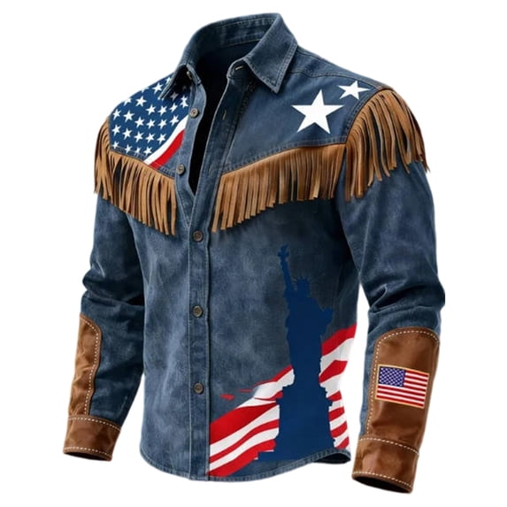Men's Western Cowboy Denim Shirt, Fringe & Liberty Print Long Sleeve Button-Down for Independence Day