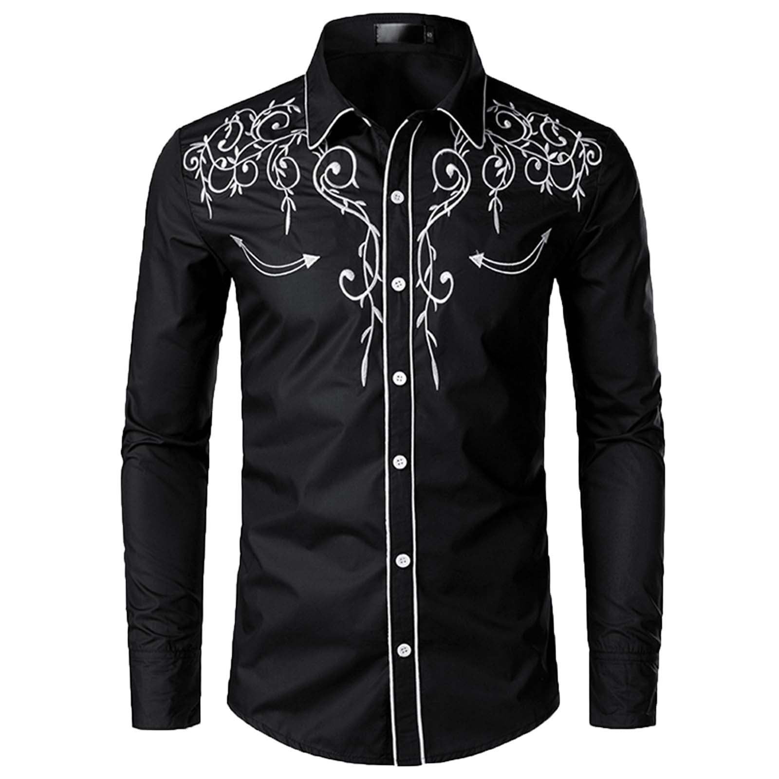  Men's Luxury Embroidery Design Dress Shirts Slim Fit Long  Sleeve Band Collar Button Down Shirt Western Stylish Tops for Men Black :  Sports & Outdoors