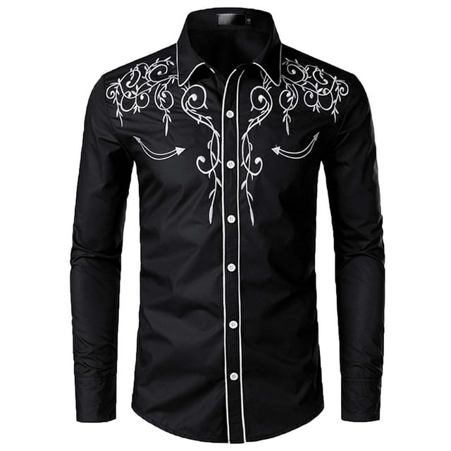 Men's Western Cowboy Embroidered Shirt Slim Fit Button Down Shirts Long ...