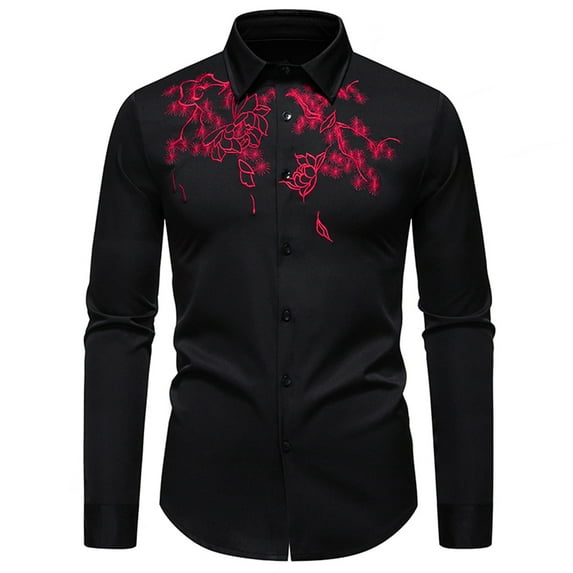 Men's Western Cowboy Fringe Shirt Long Sleeve Rose Embroidery Slim Fit Shirts Button Down Turndown Collar Shirt