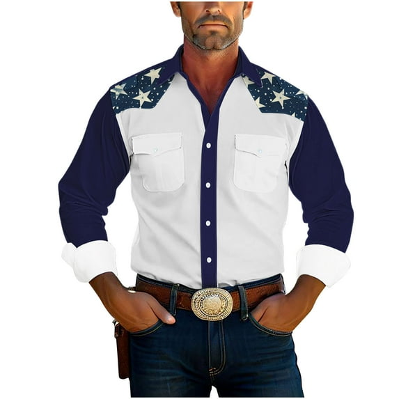 Men's Western Cowboy Long Sleeve Snap Shirts Vintage Color Block Print Shirts Casual Turndown Collar Blouse with Pockets