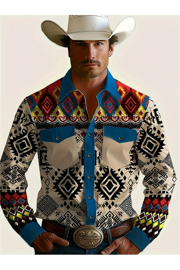 Men's Western Cowboy Shirt Embroidered Long Sleeve Casual Button Down Shirt Beige XXL