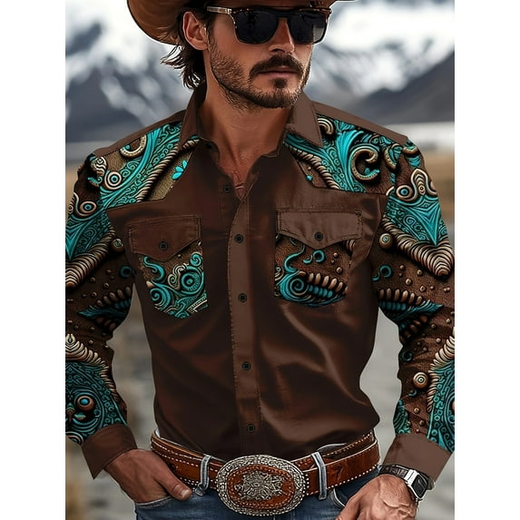 Men's Western Cowboy Shirt Embroidered Long Sleeve Casual Button Down Shirt Brown L