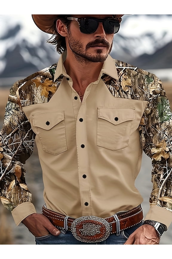 Men's Western Cowboy Shirt Embroidered Long Sleeve Casual Button Down Shirt Khaki M