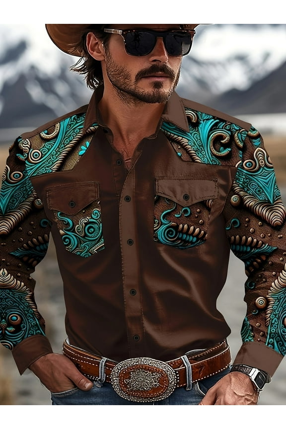 Men's Western Cowboy Shirt Embroidered Long Sleeve Slim Fit Casual Button Down Hippie Shirts with Pockets Brown M