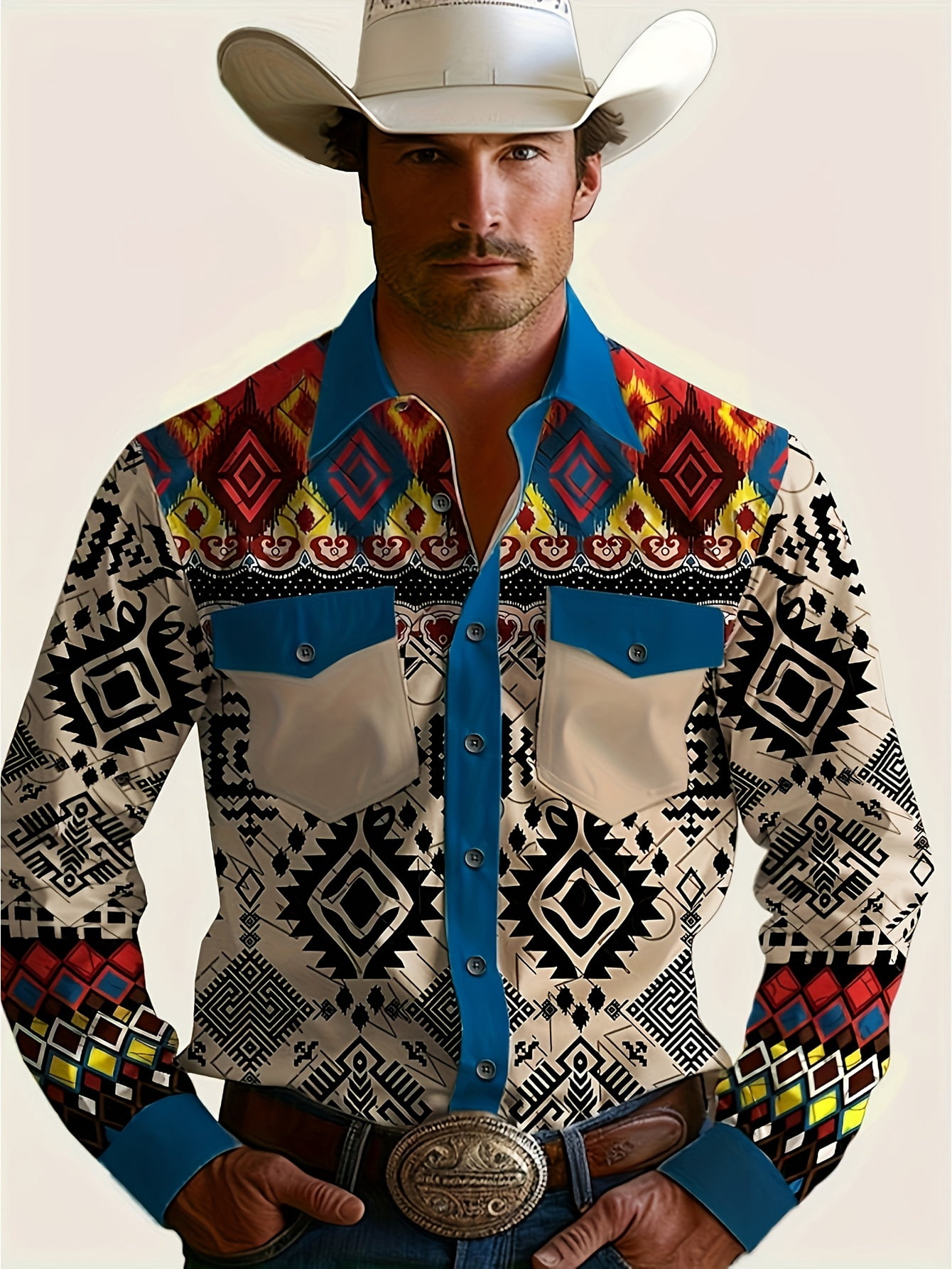 Men's Western Cowboy Shirt Embroidered Long Sleeve Slim Fit Casual ...
