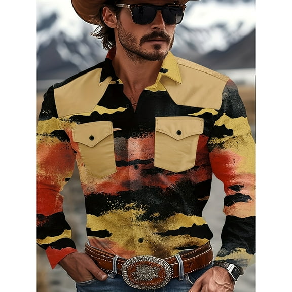 Men's Western Cowboy Shirt Embroidered Long Sleeve Slim Fit Casual Button Down Hippie Shirts with Pockets Yellow XL