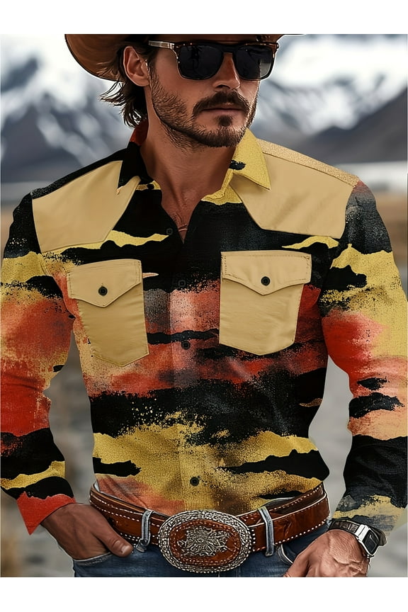 Men's Western Cowboy Shirt Embroidered Long Sleeve Slim Fit Casual Button Down Hippie Shirts with Pockets Yellow XL