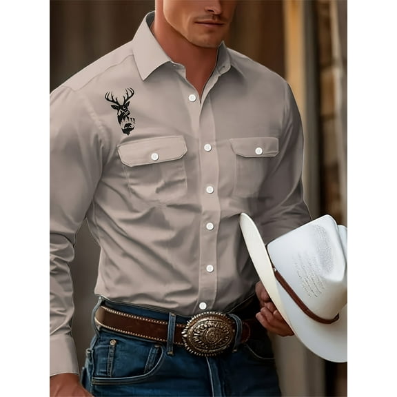 Men's Western Cowboy Shirt Embroidered Long Sleeve Slim Fit Casual Cotton Button Down Hippie Shirts with Pockets Beige XXL