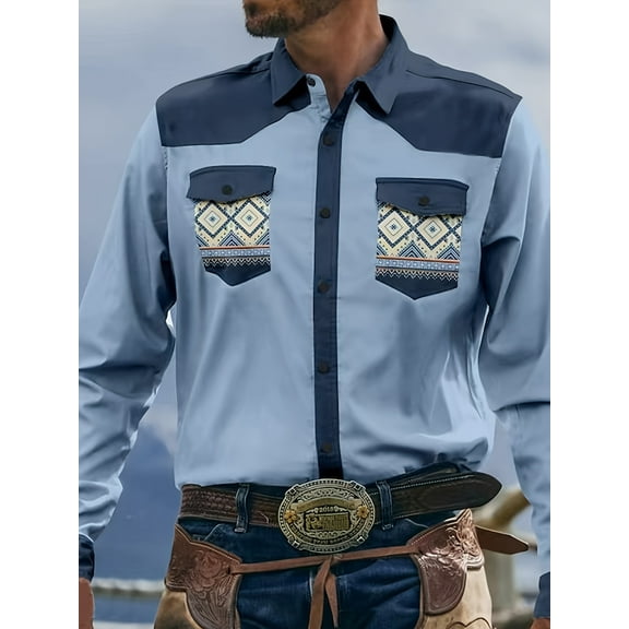 Men's Western Cowboy Shirt Embroidered Long Sleeve Slim Fit Casual Cotton Button Down Hippie Shirts with Pockets Blue M