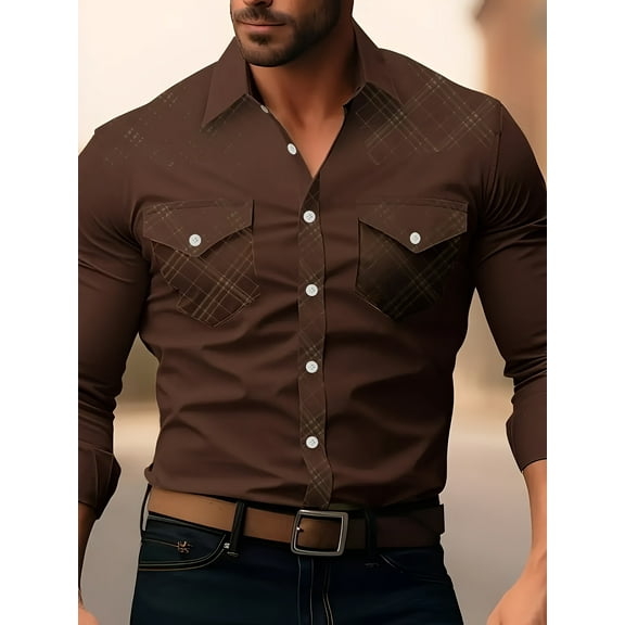 Men's Western Cowboy Shirt Embroidered Long Sleeve Slim Fit Casual Cotton Button Down Hippie Shirts with Pockets Brown M