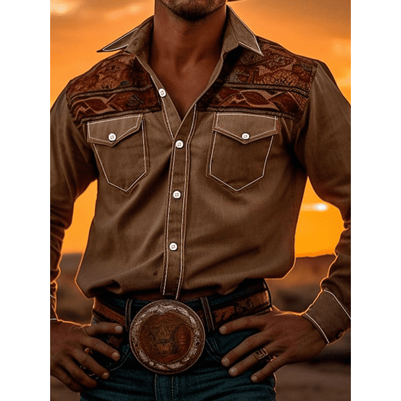 Men's Western Cowboy Shirt Long Sleeve Embroidered Casual Button Down Shirt Brown L