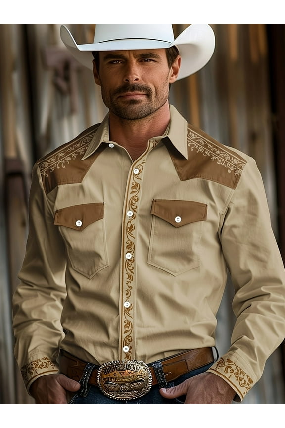 Men's Western Cowboy Shirt Long Sleeve Embroidered Shirt Slim Fit Cotton Casual Button Down Shirt Beige XL
