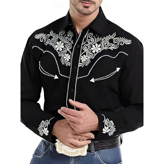 Men's Western Cowboy Shirt Long Sleeve Embroidered Shirt Slim Fit Cotton Casual Button Down Shirt Black XL