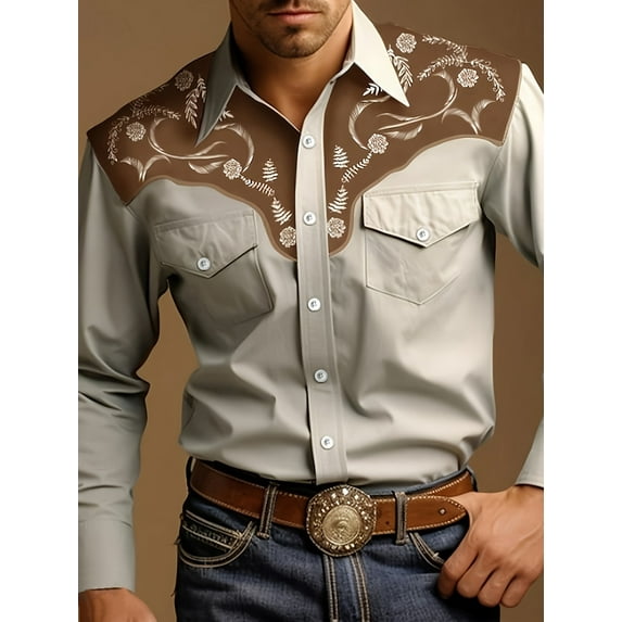 Men's Western Cowboy Shirt Long Sleeve Embroidered Shirt Slim Fit Cotton Casual Button Down Shirt Khaki 3XL