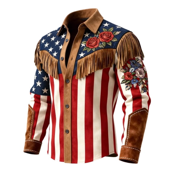 Men's Western Cowboy Shirt, Patriotic Flag Print with Rose Embroidery and Fringe, Independence Day Long Sleeve Button-Down
