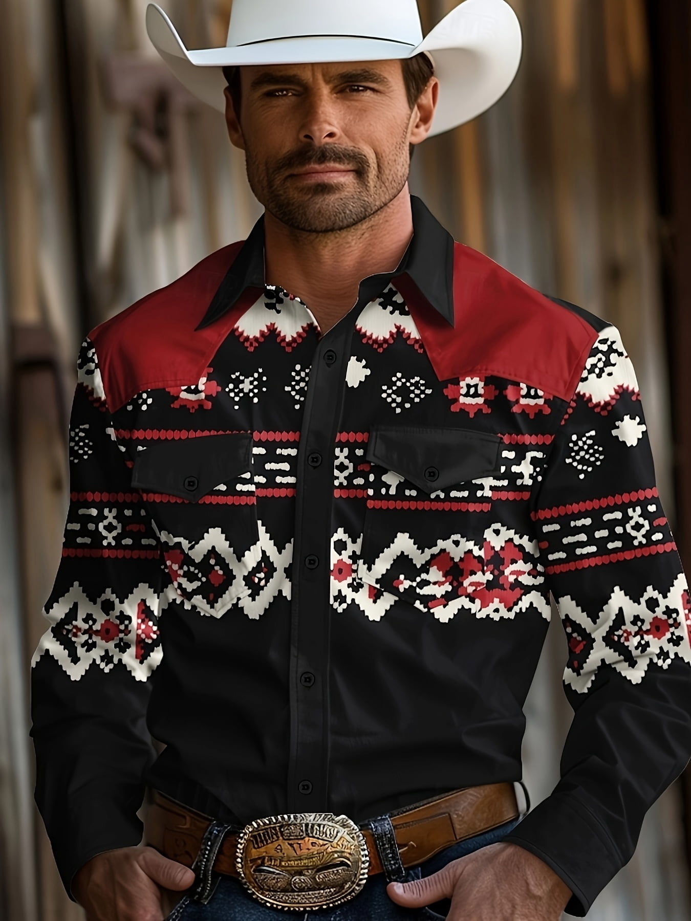 Men's Western Cowboy Shirt Two Pocket Vintage Long Sleeve Casual Button ...