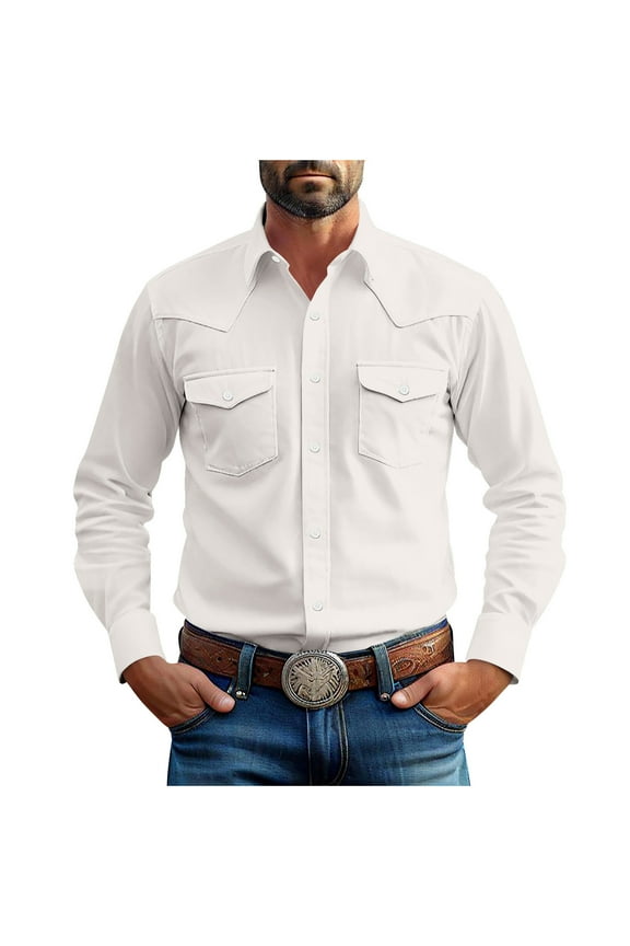 Men's Western Cowboy Shirts Button Down Solid Color Long Sleeve Jacket Lightweight Work Shirt with Pockets