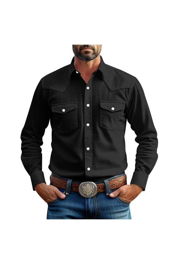 Men's Western Cowboy Shirts Button Down Solid Color Long Sleeve Jacket Lightweight Work Shirt with Pockets
