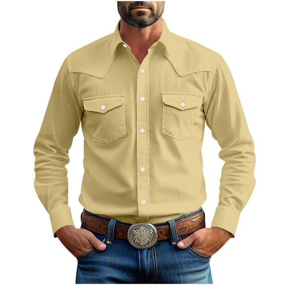 Men's Western Cowboy Shirts Button Down Solid Color Long Sleeve Jacket Lightweight Work Shirt with Pockets