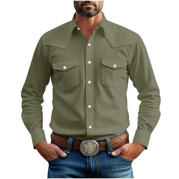 Men's Western Cowboy Shirts Button Down Solid Color Long Sleeve Jacket Lightweight Work Shirt with Pockets