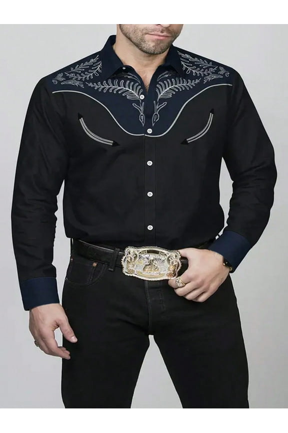 Men's Western Cowboy Shirts Long Sleeve Embroidered Shirts Slim Fit Casual Button Down Shirt with Pockets Men's Fall Spring Shirts Navy&nbsp; L