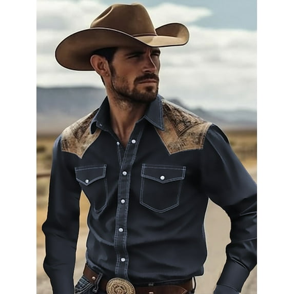 Men's Western Cowboy Shirts Long Sleeve Embroidered Shirts Slim Fit Casual Button Down Shirt with Pockets Shirts For Men Black XXL