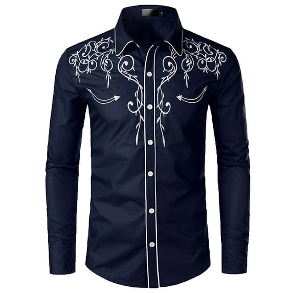 Men's Western Cowboy Shirts Long Sleeve Slim Fit Floral Embroideres Denim Casual Button Down Dress Shirt