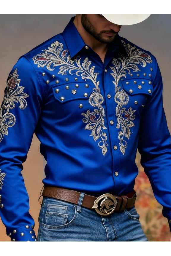 Men's Western Cowboy Style Digital Print Button-Up Shirt - Long Sleeve, Vintage All-Over Pattern, Shapes a Trendy Look, Casual Wear for Adults