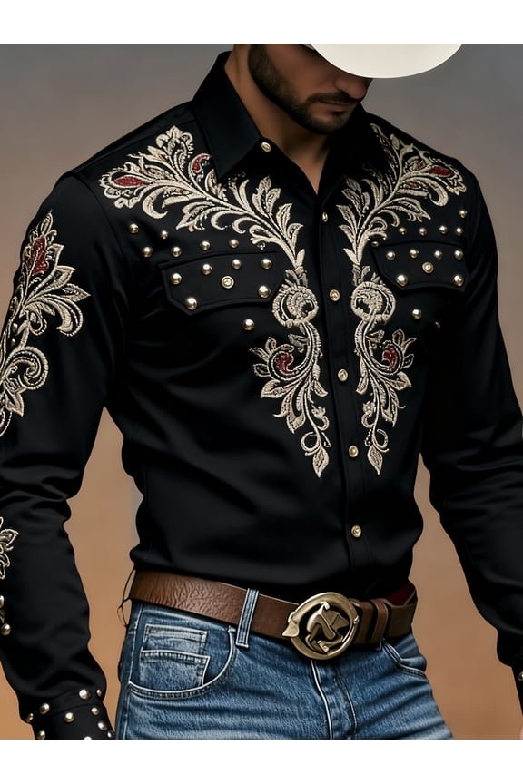 Men's Western Cowboy Style Digital Print Button-Up Shirt - Long Sleeve, Vintage All-Over Pattern, Shapes a Trendy Look, Casual Wear for Adults