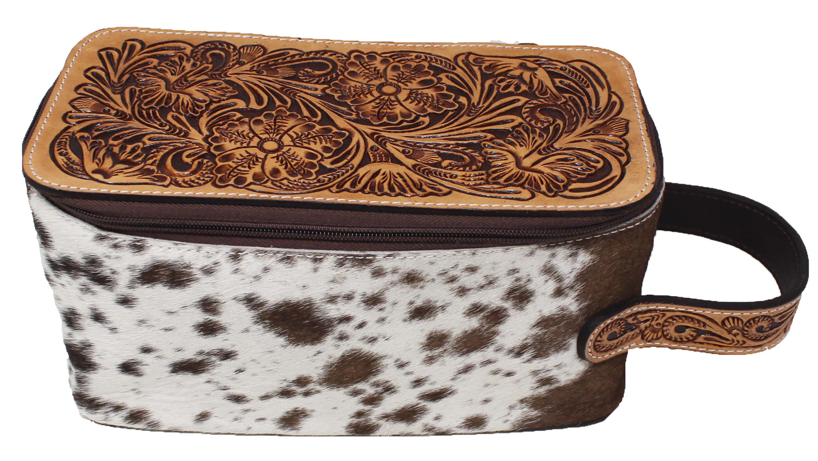 Men's Western Cowhide Hand-Tooled Genuine Leather Travel Toiletry Dopp Kit Bag 18FKT08