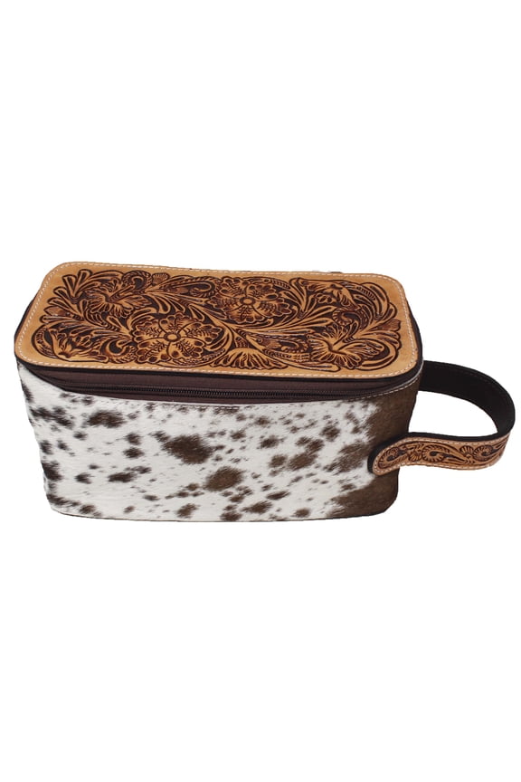 Men's Western Cowhide Hand-Tooled Genuine Leather Travel Toiletry Dopp Kit Bag 18FKT08