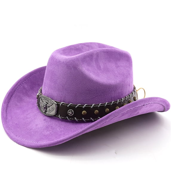 Men's Western Denim Curved Top Hat, Wool Big Brimmed British Jazz Fedora,Purple,One Size