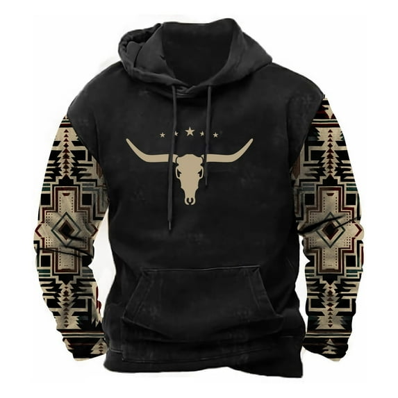 Men's Western Denim Hoodie with Vintage Graphic Print - 3D Printed Sweatshirt for a Stylish and Unique Look!,L,black