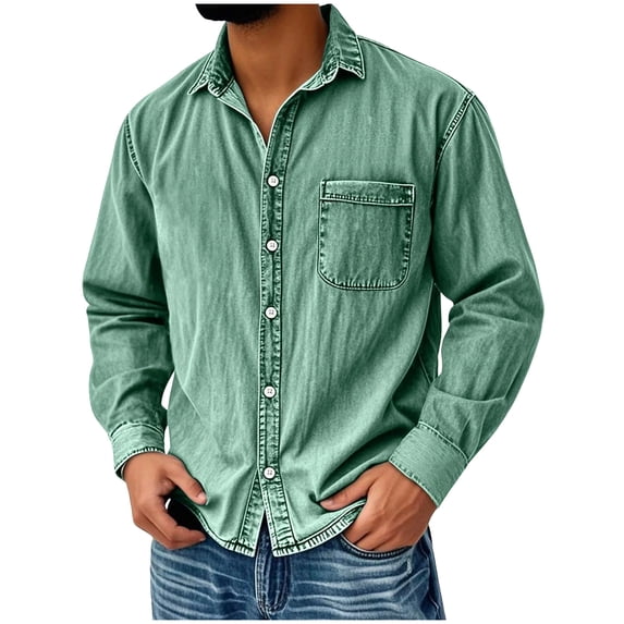 Men's Western Distressed Shirt Casual Slim Fit Button Down Long Sleeve Wash Work Shirts with Chest Pocket