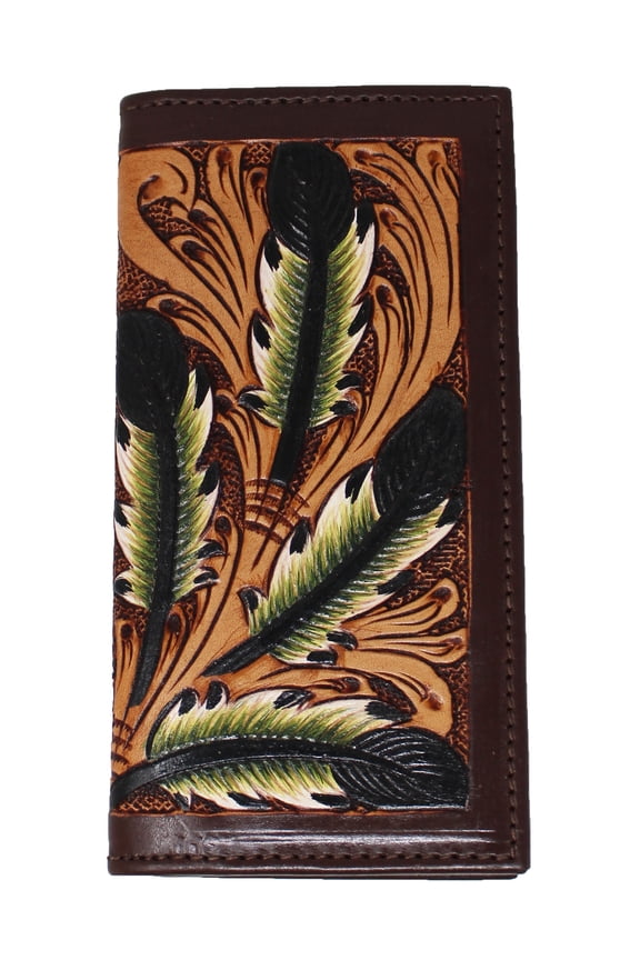 Men's Western Feather Antique Floral Tooled Handcrafted Leather Rodeo Wallet 18RSW66R
